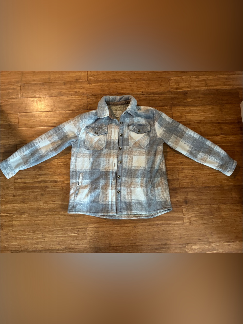 Plaid Button-Up Shacket in Blue and Cream